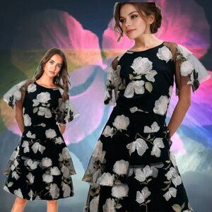 TAHARI ASL Floral Embroidered Black Mesh Overlay Flutter Short Sleeve Dress Sz 4